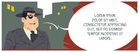 Detective in front of city. Spy with bubble for text. funny people. Illustration concept template for website, web landing page, banner, presentation, social, poster, promotion or print media.のイラスト素材