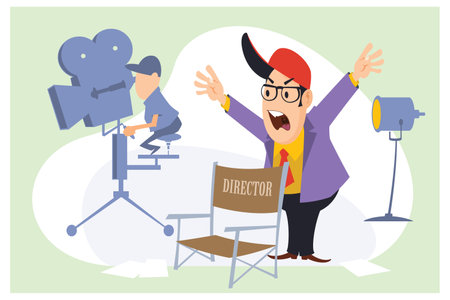 Director screams on set of film. funny people. Illustration concept template for website, web landing page, banner, presentation, social, poster, promotion or print media.のイラスト素材