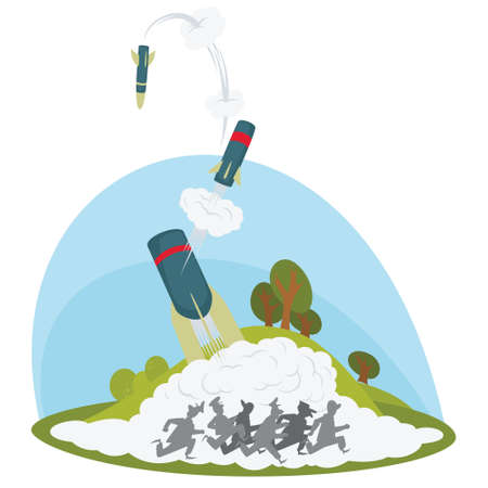 Missile failed launch. Accident at spaceport. funny people. Illustration concept template for website, web landing page, banner, presentation, social, poster, promotion or print media.のイラスト素材