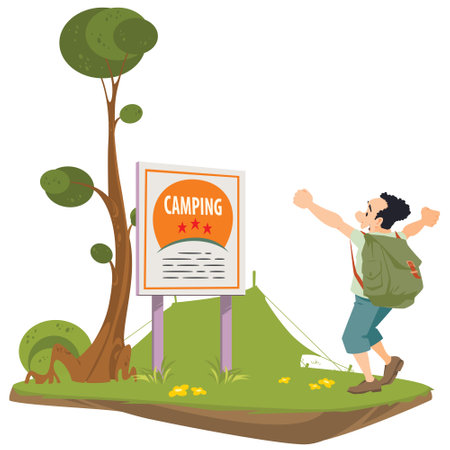 Tourists at the campsite. funny people. Illustration concept template for website, web landing page, banner, presentation, social, poster, promotion or print media.のイラスト素材