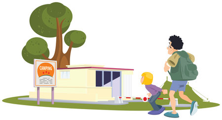 Tourists at the campsite. funny people. Illustration concept template for website, web landing page, banner, presentation, social, poster, promotion or print media.のイラスト素材