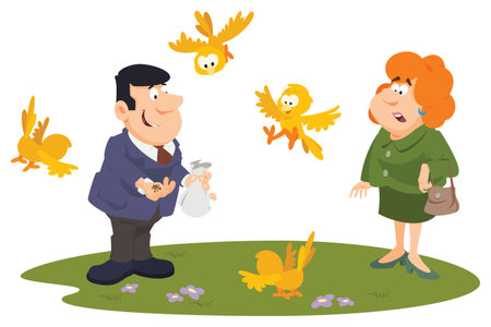 Vector illustration of a man and woman in the garden with a chicken.のイラスト素材
