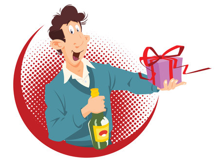 Man with bottle of wine and gift. vector illustration in cartoon styleのイラスト素材