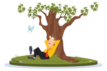 Vector illustration of a businessman sitting under a tree in the park.のイラスト素材