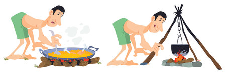 cooking food. Vector illustration of a man preparing food on fire.のイラスト素材