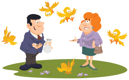 Vector illustration of a woman giving a gift to a man in the parkのイラスト素材