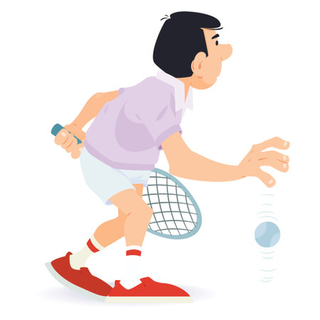Man with tennis ball playing tennis. funny people. Illustration concept template for website, web landing page, banner, presentation, social, poster, promotion or print media.のイラスト素材