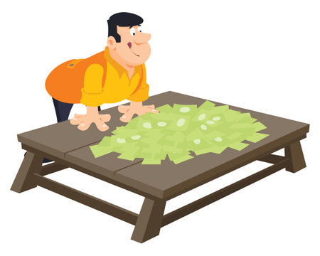 Man with big pile of money. funny people. Illustration concept template for website, web landing page, banner, presentation, social, poster, promotion or print media.のイラスト素材