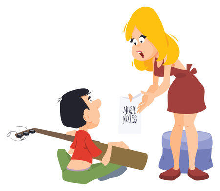 Girl scolds guy with guitar. Illustration concept template for website, web landing page, banner, presentation, social, poster, promotion or print media.のイラスト素材
