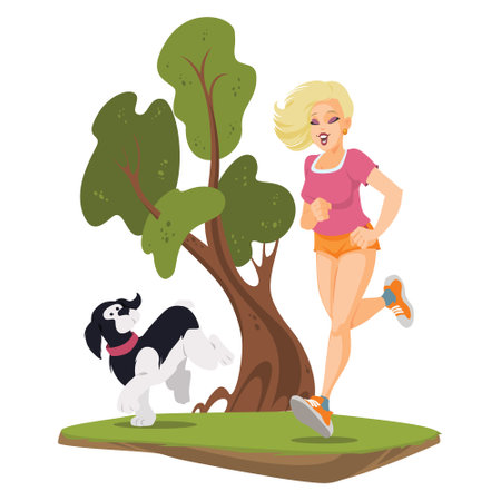 running girl. Young woman goes sports. funny people. Illustration concept template for website, web landing page, banner, presentation, social, poster, promotion or print media.のイラスト素材