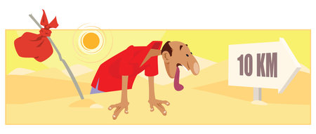 Tired man. Exhausted traveler in desert. funny people. Illustration concept template for website, web landing page, banner, presentation, social, poster, promotion or print media.のイラスト素材