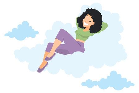 dream woman. girl on clouds. funny people. Illustration concept template for website, web landing page, banner, presentation, social, poster, promotion or print media.のイラスト素材