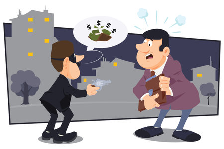 Robber demands money from businessman. funny people. Illustration concept template for website, web landing page, banner, presentation, social, poster, promotion or print media.のイラスト素材