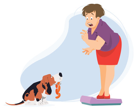 Woman weighs herself. Girl wants to know her weight. funny people. Illustration concept template for website, web landing page, banner, presentation, social, poster, promotion or print media.のイラスト素材