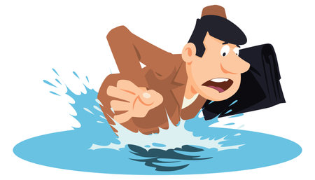 Business man sinking holding briefcase in hands. funny people. Illustration concept template for website, web landing page, banner, presentation, social, poster, promotion or print media.のイラスト素材