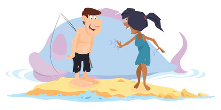 Man caught huge fish. couple on desert island. Illustration concept template for website, web landing page, banner, presentation, social, poster, promotion or print media.のイラスト素材