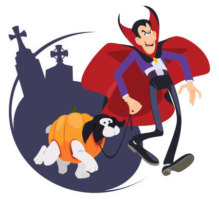 Halloween scene funny people in spooky costume. Illustration concept template for website, web landing page, banner, presentation, social, poster, promotion or print media.のイラスト素材
