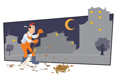 Man-sweep leaves. autumn cleaning. funny people. Illustration concept template for website, web landing page, banner, presentation, social, poster, promotion or print media.のイラスト素材