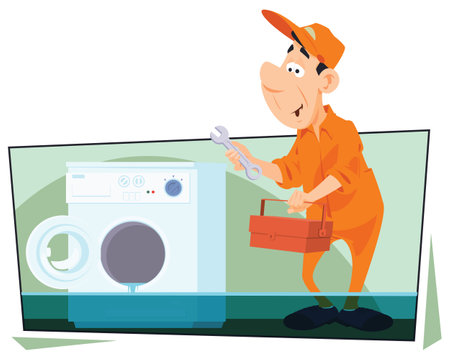 Washing machine accident. Plumbing specialist. Funny people. Illustration concept template for website, web landing page, banner, presentation, social, poster, promotion or print media.のイラスト素材