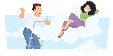 Dreamy woman. Girl on clouds. Funny people. Illustration concept template for website, web landing page, banner, presentation, social, poster, promotion or print media.のイラスト素材