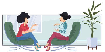 Women communicate in office. Funny people. Illustration concept template for website, web landing page, banner, presentation, social, poster, promotion or print media.のイラスト素材