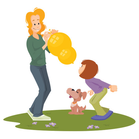 Preparation for holiday. Woman inflates balloons. Joyful children. Funny people. Illustration concept template for website, web landing page, banner, presentation, social, poster, promotion or print media.のイラスト素材