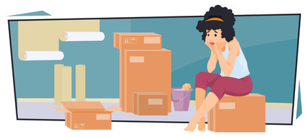 Sad girl on boxes. Change of housing. Woman sitting on cardboard box. Funny people. Illustration concept template for website, web landing page, banner, presentation, social, poster, promotion or print media.のイラスト素材
