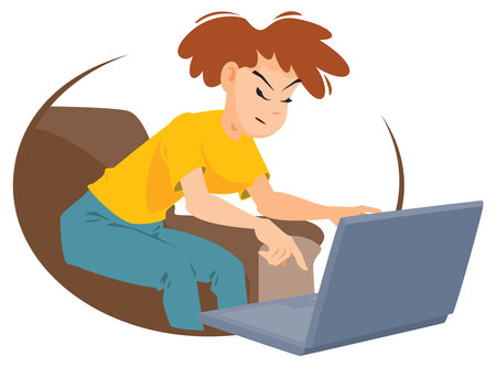Girl with laptop. Funny people. Illustration concept template for website, web landing page, banner, presentation, social, poster, promotion or print media.のイラスト素材