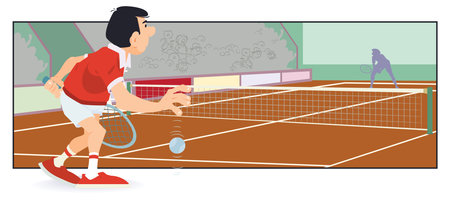 Man with tennis ball tennis playing. Funny people. Illustration concept template for website, web landing page, banner, presentation, social, poster, promotion or print media.のイラスト素材