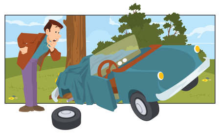Car accident. Man fixing auto. Male and repair automobile. Funny people. Illustration concept template for website, web landing page, banner, social or print media.のイラスト素材