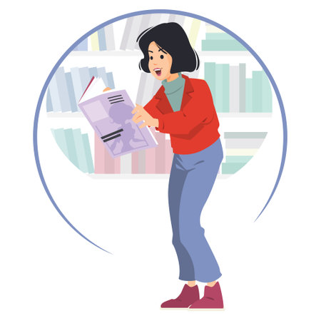 Girl in bookstore. Funny people. Illustration concept template for website, web landing page, banner, presentation, social, poster, promotion or print media.のイラスト素材