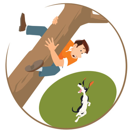 Man hiding from dog in tree. Funny people. Illustration concept template for website, web landing page, banner, presentation, social, poster, promotion or print media.のイラスト素材