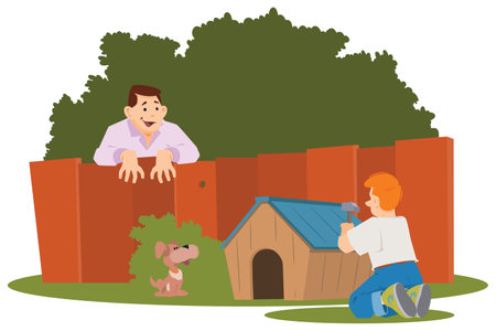 Man building kennel for dog. Funny people. Illustration concept template for website, web landing page, banner, presentation, social, poster, promotion or print media.のイラスト素材