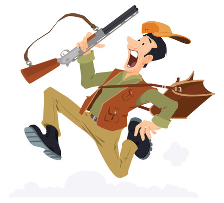 Hunter on hunt. Funny people. Illustration concept template for website, web landing page, banner, presentation, social, poster, promotion or print media.のイラスト素材