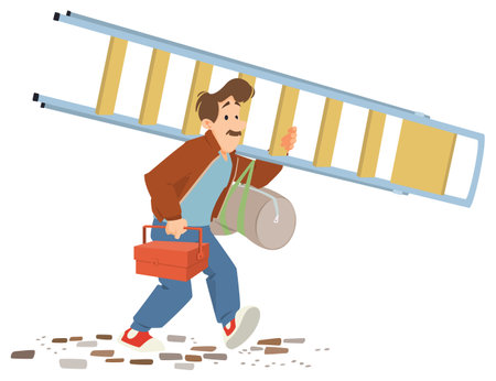 Repairman with ladder and toolbox. Funny people. Illustration concept template for website, web landing page, banner, presentation, social, poster, promotion or print media.のイラスト素材