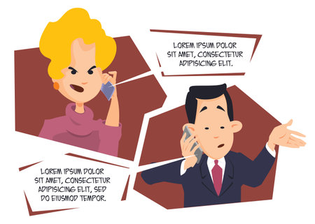 Man and woman are talking on phone. Funny people. Illustration concept template for website, web landing page, banner, presentation, social, poster, promotion or print media.のイラスト素材