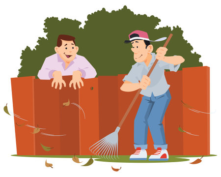 Man sweeps leaves. Autumn cleaning. Funny people. Illustration concept template for website, web landing page, banner, presentation, promotion or print media.のイラスト素材