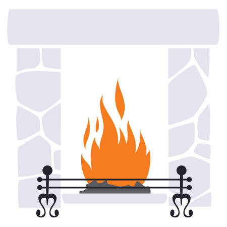 Fireplace with burning fire. Illustration concept template for website, web landing page, banner, presentation, social, poster, promotion or print media.のイラスト素材