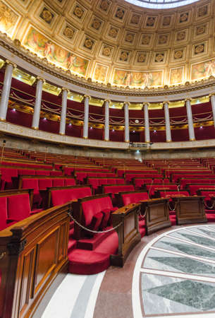 Paris, France December 27, 2012: Empty hemicycle of French national assembly with red seatsのeditorial素材