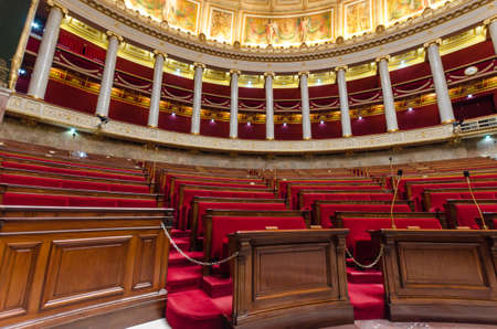 Paris, France December 27, 2012: Empty hemicycle of French national assembly with red seatsのeditorial素材