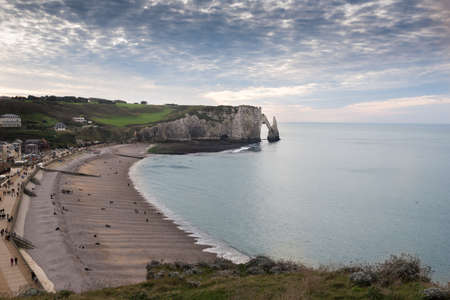 Etretat, France - 8 November 2015 - View of famous Etretat cliffs with Etretat city and beachのeditorial素材