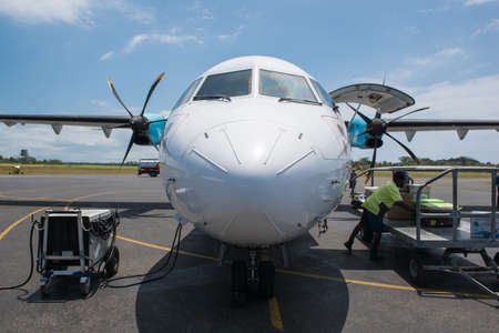 Portvila, Vanuatu - September 27, 2016:  Cockpit front view of an Air Vanuatu ATR 72-500 plane at Portvila airportのeditorial素材