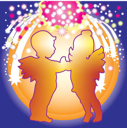 Two children in angels' dresses play in front of bright salute.のイラスト素材