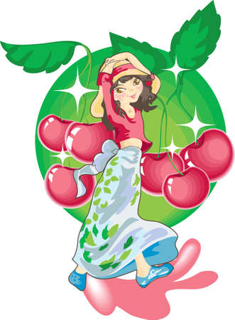 This is the girl in a big hat on a background of a red cherryのイラスト素材