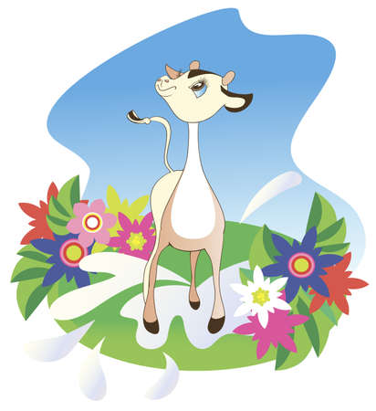 Illustration depicting a small calf, which is on a summer meadow of flowersのイラスト素材
