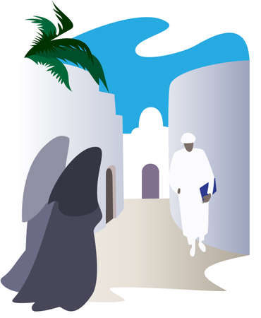 Passers-by on the narrow street of the ancient eastern cityのイラスト素材