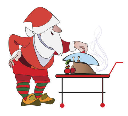 Santa lifts the lid on the dish with a festive Christmas turkey for 
his dinnerのイラスト素材