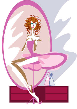 Ballet dancer sits before a large mirror in the dressing roomのイラスト素材