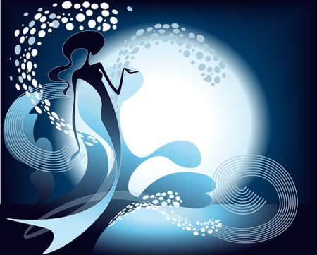 Mermaid silhouette, playing in the clear stream of water against the background of the Moonのイラスト素材