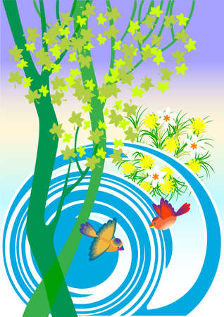 There are several elements of the spring landscape on a 
background ornamental のイラスト素材